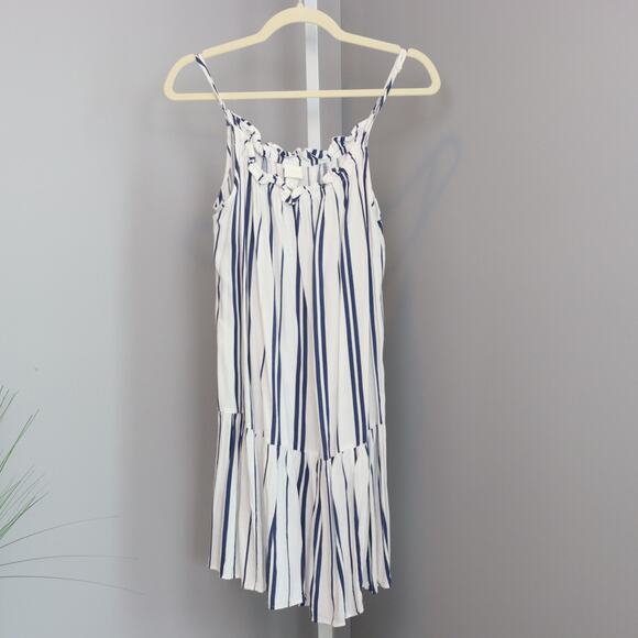 H&M Striped Sundress Size 8 White Blue Ruffle Neck Sleeveless Viscose Midi - Picture 1 of 8